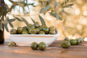 olives on table in an olive grove