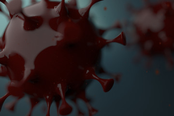 Coronavirus or Virus group of red cells through a Microscopic view floating in fluid 3D illustration