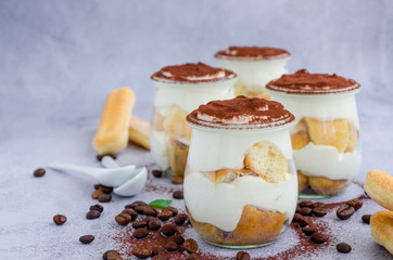 Gourmet Italian tiramisu dessert in a glass sprinkled with cocoa and decorated frozen berries. Horizontal orientation. Copy space