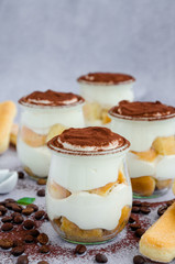 Gourmet Italian tiramisu dessert in a glass sprinkled with cocoa and decorated frozen berries. Vertical orientation. Copy space