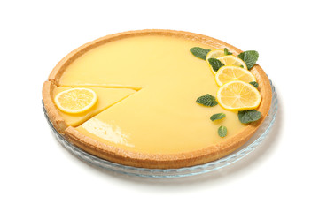 Tray with delicious lemon tart isolated on white background
