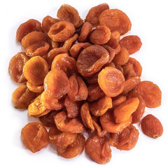 Dried apricots on a white isolated background. Delicious raisins food yellow for your design for the site. kitchen theme
