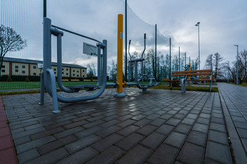 Outdoor exercise equipment in the park in Żnin at Sienkiewicz street. An active way to spend free time and a healthy lifestyle.