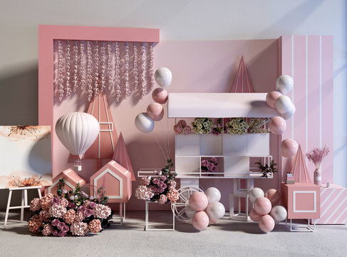 3d render wedding, birthday pink color decoration