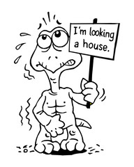 Turtle without a shell is naked and looking for his house, black and white cartoon
