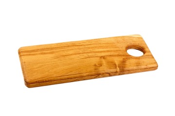 wooden oak cutting Board with a hole isolated on a white background close up