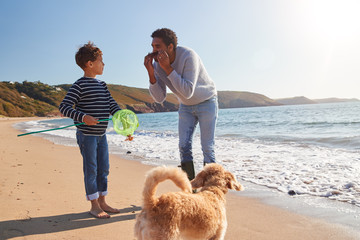 Father And Son Having Fun With Seaweed Walking Along Beach By Breaking Waves With Fishing Net