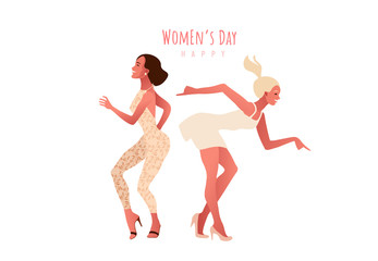 International Women s Day. 8 March. Happy sexy girls dancing in the street. Vector template with beautiful women for greeting card, poster or flyer.