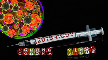 Colorful text "Corona virus" with  syringe have red text "(2019-nCoV)  and and Spherical virus detection panel put on  Black background. corona virus Concept.