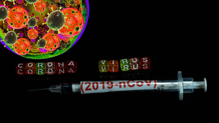Colorful text "Corona virus" with  syringe have red text "(2019-nCoV)  and and Spherical virus detection panel put on  Black background. corona virus Concept.