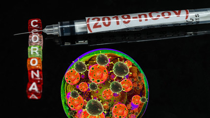 Syringe have text "(2019-nCoV)"  and Spherical virus and stethoscope detection panel put on  Black background. corona virus Concept.