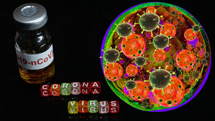 Colorful text "Corona virus" with Vaccine bottle have  text "2019-nCov"  and Spherical virus detection panel put on  Black background. corona virus Concept.