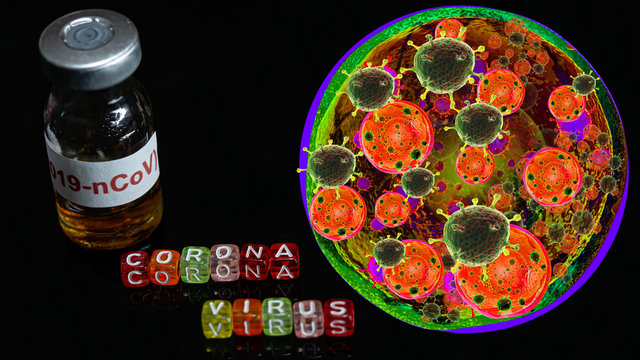 Colorful text "Corona virus" with Vaccine bottle have  text "2019-nCov"  and Spherical virus detection panel put on  Black background. corona virus Concept. - Powered by Adobe