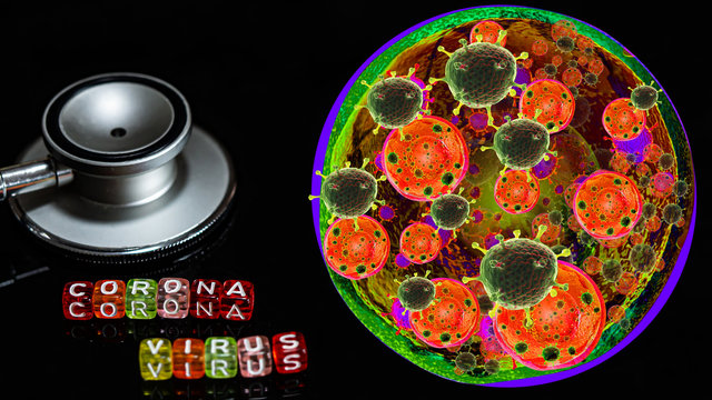 Colorful text "Corona virus" and   - Powered by Adobe