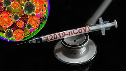 Syringe have text "(2019-nCoV)"  and Spherical virus and stethoscope detection panel put on  Black background. corona virus Concept.