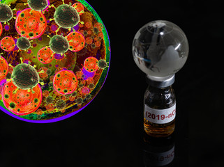 Vaccine bottle have  text "Corona virus" and  Globe model and stethoscope detection panel put on  Black background. corona virus Concept.