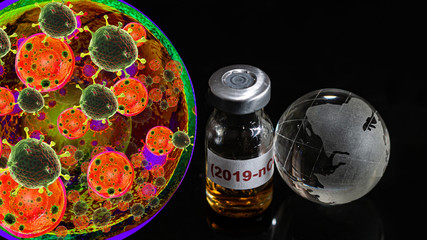 Vaccine bottle have  text "Corona virus" and  Globe model and stethoscope detection panel put on  Black background. corona virus Concept.