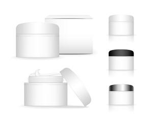 Cosmetic plastic jar with box isolated on white background. Skin care bottles for gel, liquid, lotion, cream. Beauty product package, vector illustration.