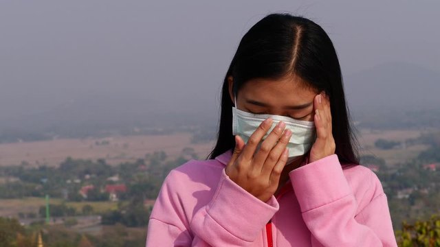 Asian women wearing dust mask and headache protect from wuhan coronavirus china health emergency.