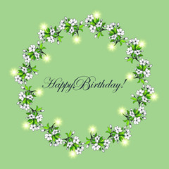  Happy Birthday! - card. A wreath of flowers, leaves, branches of apple trees. eps10 vector stock illustration