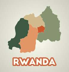 Rwanda poster in retro style. Map of the country with regions in autumn color palette. Shape of Rwanda with country name. Vibrant vector illustration.