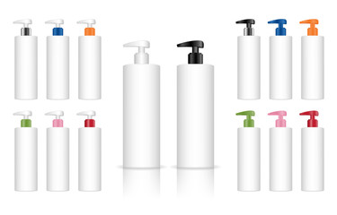 Cosmetic plastic bottle with dispenser pump. Liquid container for gel, lotion, cream, shampoo, bath foam. Beauty product package, vector illustration.