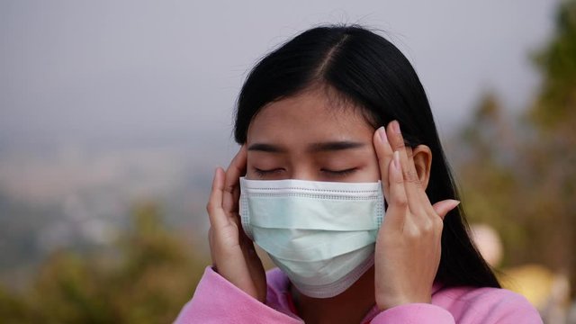 Asian women wearing dust mask and headache protect from wuhan coronavirus china health emergency.