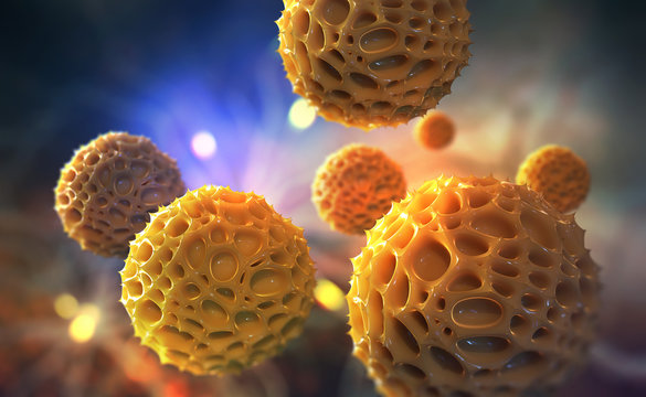 Virus in human body. Parasites and nerves. Allergy and allergic reaction. Pollen spores on the mucosa. 3D illustration on the study of the immune system