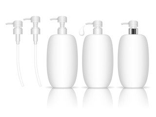 Cosmetic plastic bottle with dispenser pump. Liquid container for gel, lotion, cream, shampoo, bath foam. Beauty product package. Vector illustration.