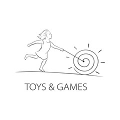 Kids toys, games logo. Girl rolls a hoop. Vector graphic logotype template.