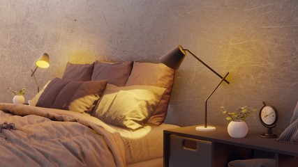 Modern master bedroom interior with picture of shipwreck on the wall.