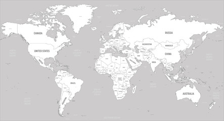 World map - white lands and grey water. High detailed political map of World with country, capital, ocean and sea names labeling