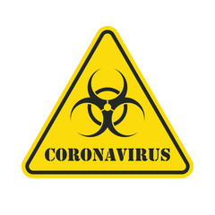 Corona virus sign with biohazard symbol. Influenza logo. Yellow disease warning triangle icon. Vector illustration image. Isolated on white background.