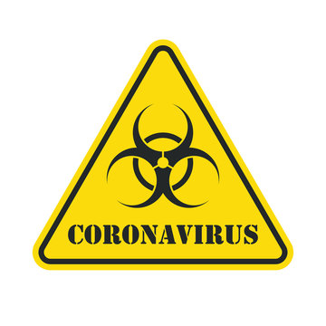 Corona virus sign with biohazard symbol. Influenza logo. Yellow disease warning triangle icon. Vector illustration image. Isolated on white background.