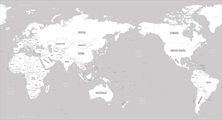 World map - Asia, Australia and Pacific Ocean centered. White lands and grey water. High detailed political map of World with country, capital, ocean and sea names labeling