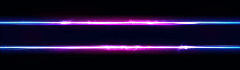 Neon lines frame, border. Neon lights or horizontal sign. Vector abstract background, tunnel, portal. Geometric glow outline shape or laser glowing lines. Horizontal abstract background