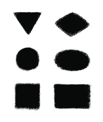 Vector set of hand brush strokes and stains. Coal, ink on canvas. Dirty artistic design elements circle, oval, square, rectangle, rhombus, triangle. Vector illustration. Isolated on white background. 