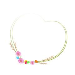 Spring and Easter wreath vector illustration with flowers, colored eggs, willow branches on white background