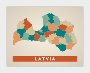 Latvia poster. Map of the country with colorful regions. Shape of Latvia with country name. Elegant vector illustration.