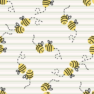 Cute simple stylized bee line seamless vector pattern. Hand drawn flying beeline insect gingham stripe background. Summer bug home decor. Playful, busy bee, yellow all over print typography. 