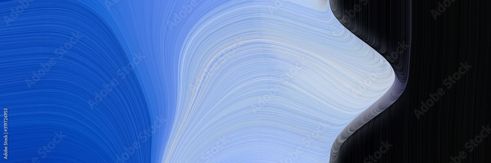 Poster flowing header design with black, light steel blue and strong blue colors. dynamic curved lines with