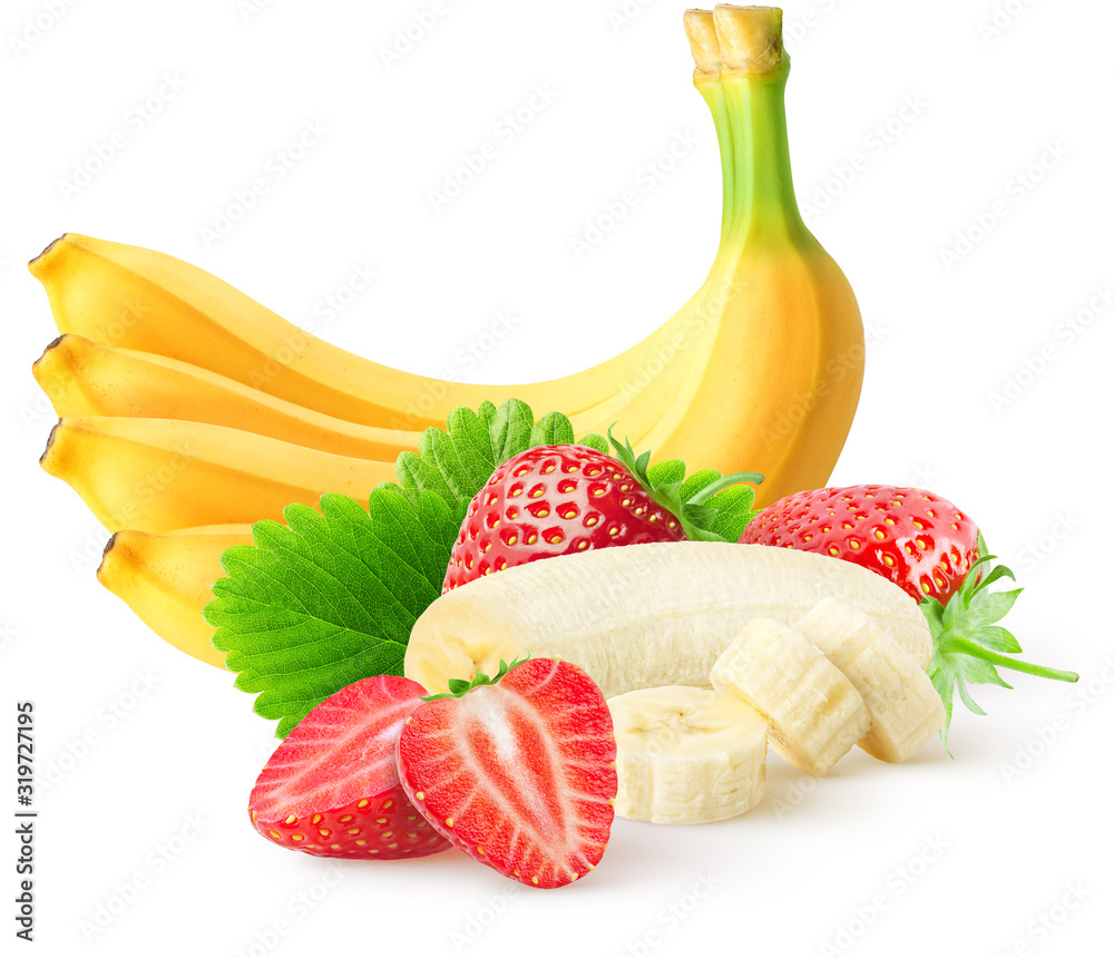 Canvas Prints Isolated fruits. Bunch of bananas fruit and pile of strawberries with leaves isolated on white background with clipping path - Canvas Prints