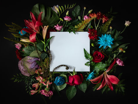 Naklejki Creative layout made of flowers and leaves. Flat lay. Nature concept. Floral Greeting card. Colorful spring flower background with paper card note. Nature Trendy  Decorative Design.