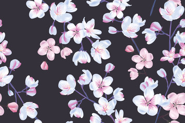 Obrazy na Szkle  Floral seamless pattern, sakura flowers with branch and leaves on dark background