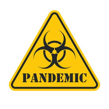 Pandemic sign with biohazard symbol. Influenza logo. Yellow disease warning triangle icon. Vector illustration image. Isolated on white background.