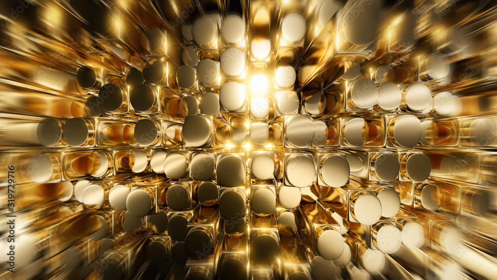 Poster abstract 3d rendering of golden square cylinder blocks surface. futuristic background with extruded 