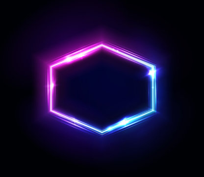 Neon hexagon frame or neon lights sign. Vector abstract background, tunnel, portal. Geometric glow outline hexagon shape or laser glowing lines. Abstract background with space for your text.