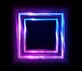 Neon rectangle frame or neon lights square sign. Vector abstract background, tunnel, portal. Geometric glow outline square shape or laser glowing lines. Abstract background or banner.