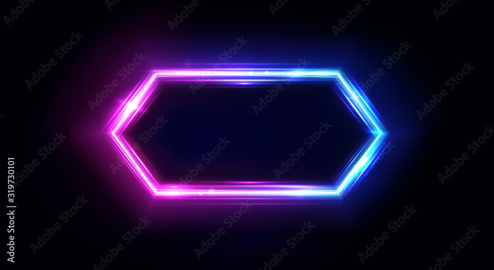 Wall mural Neon hexagon frame or neon lights horizontal sign. Vector abstract background, tunnel, portal. Geometric glow outline hexagon shape, laser glowing lines. Abstract background with space for your text