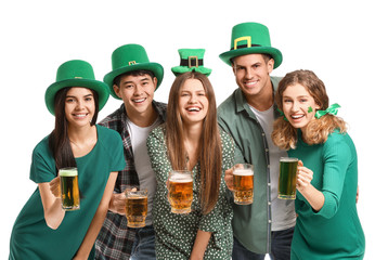 Friends with beer on white background. St. Patrick's Day celebration